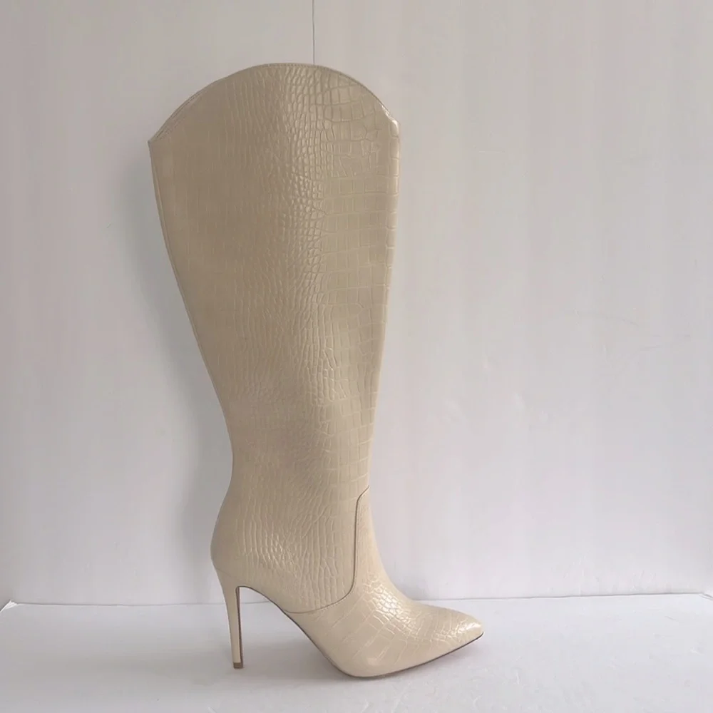 SHOEDAZZLE Women Paige Stiletto Beige Knee-High Boots Crock Embossed Size 10 New - Picture 8 of 14